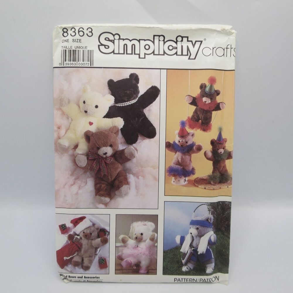 Simplicity Crafts 8363 Stuffed Bears Accessories One Size Vintage 1987